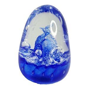 Vingate Glass Cobalt Blue Bubbles and Swirls Blown Glass Paperweight Signed 3"